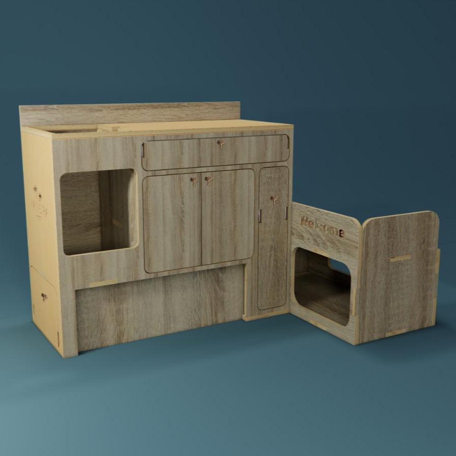 Fraser Kitchen - Van Conversion Kits - Render - Grey Oak - Closed - laydown fridge