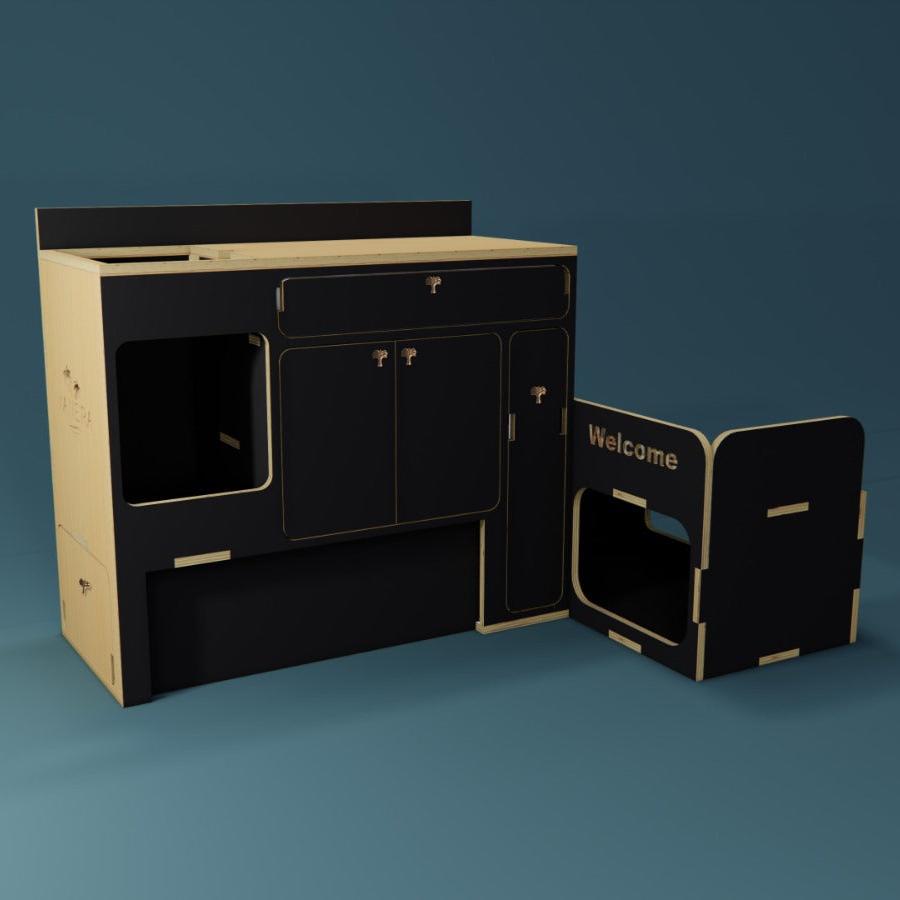Fraser Kitchen - Van Conversion Kits - Render - Black - Closed - laydown fridge