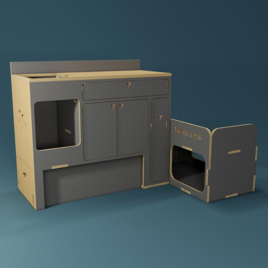 Fraser Kitchen - Van Conversion Kits - Render - Grey - Closed - laydown fridge