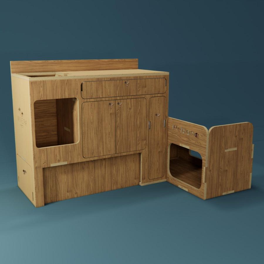 Fraser Kitchen - Van Conversion Kits - Render - Oak - Closed - laydown fridge