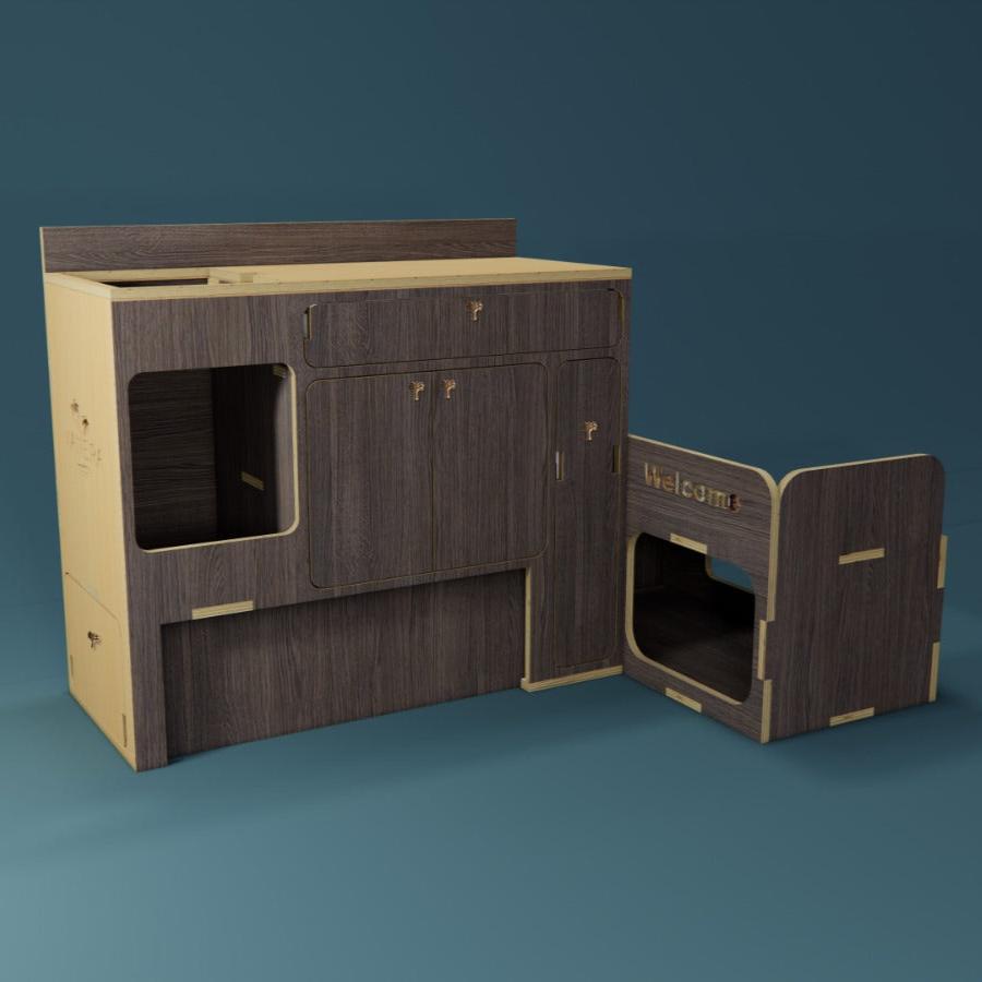 Fraser Kitchen - Van Conversion Kits - Render - Dark Oak - Closed - laydown fridge