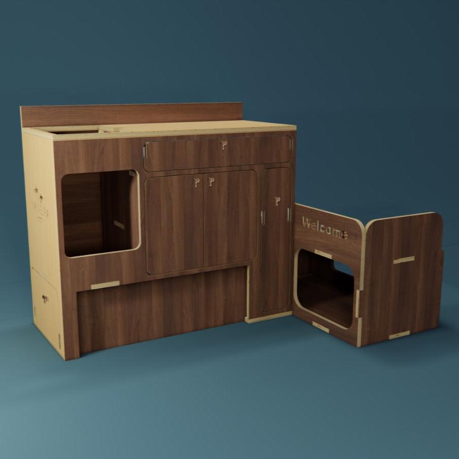 Fraser Kitchen - Van Conversion Kits - Render - Brown Oak - Closed - laydown fridge
